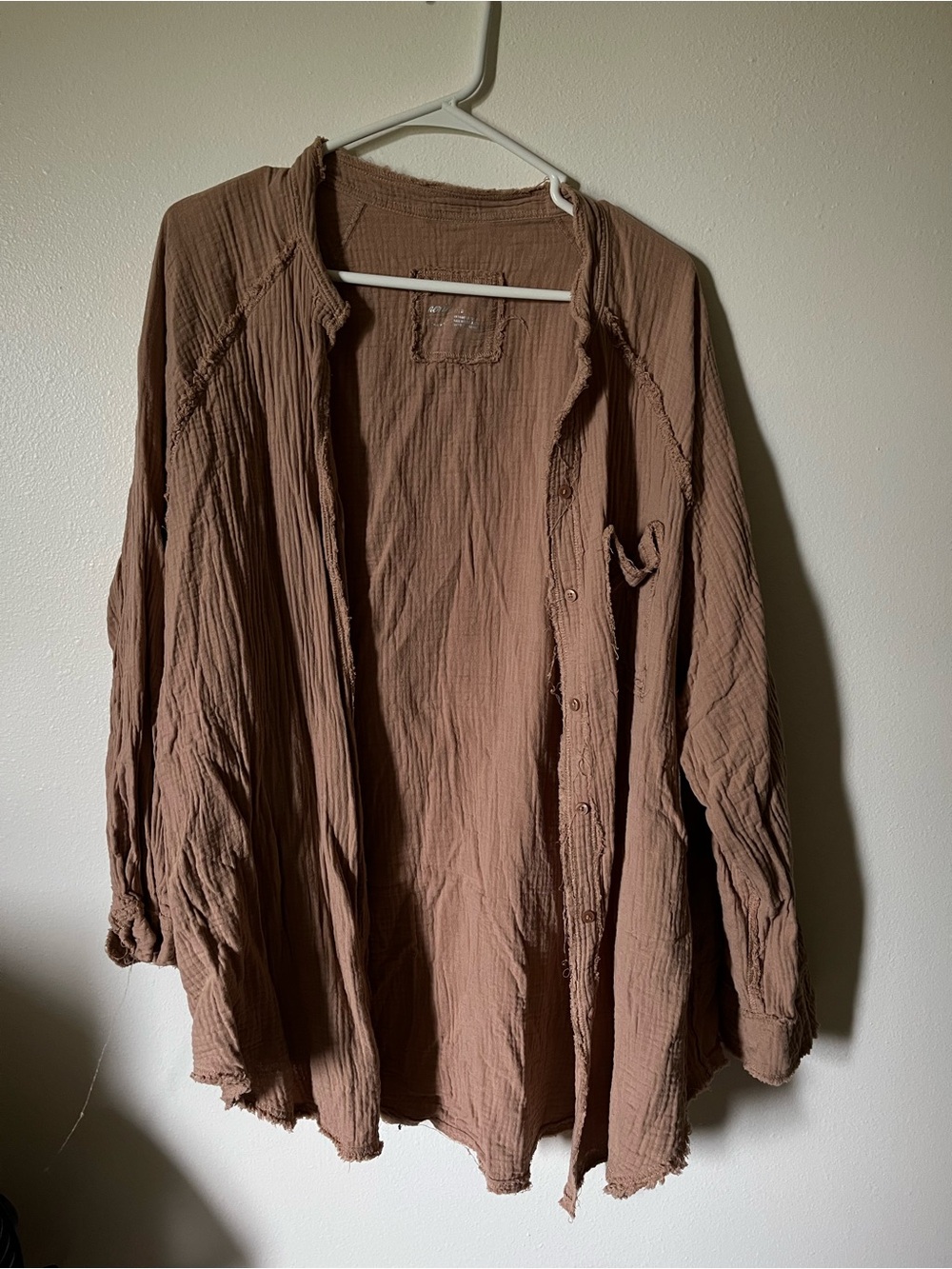 aerie Crinkled Gauze Button-Front Shirt Jacket in Tan - Picture 3 of 3